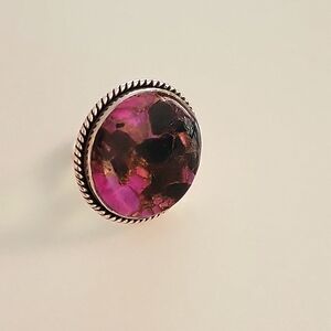 Pink calcite,  obsidian and copper infused Sterling ring
